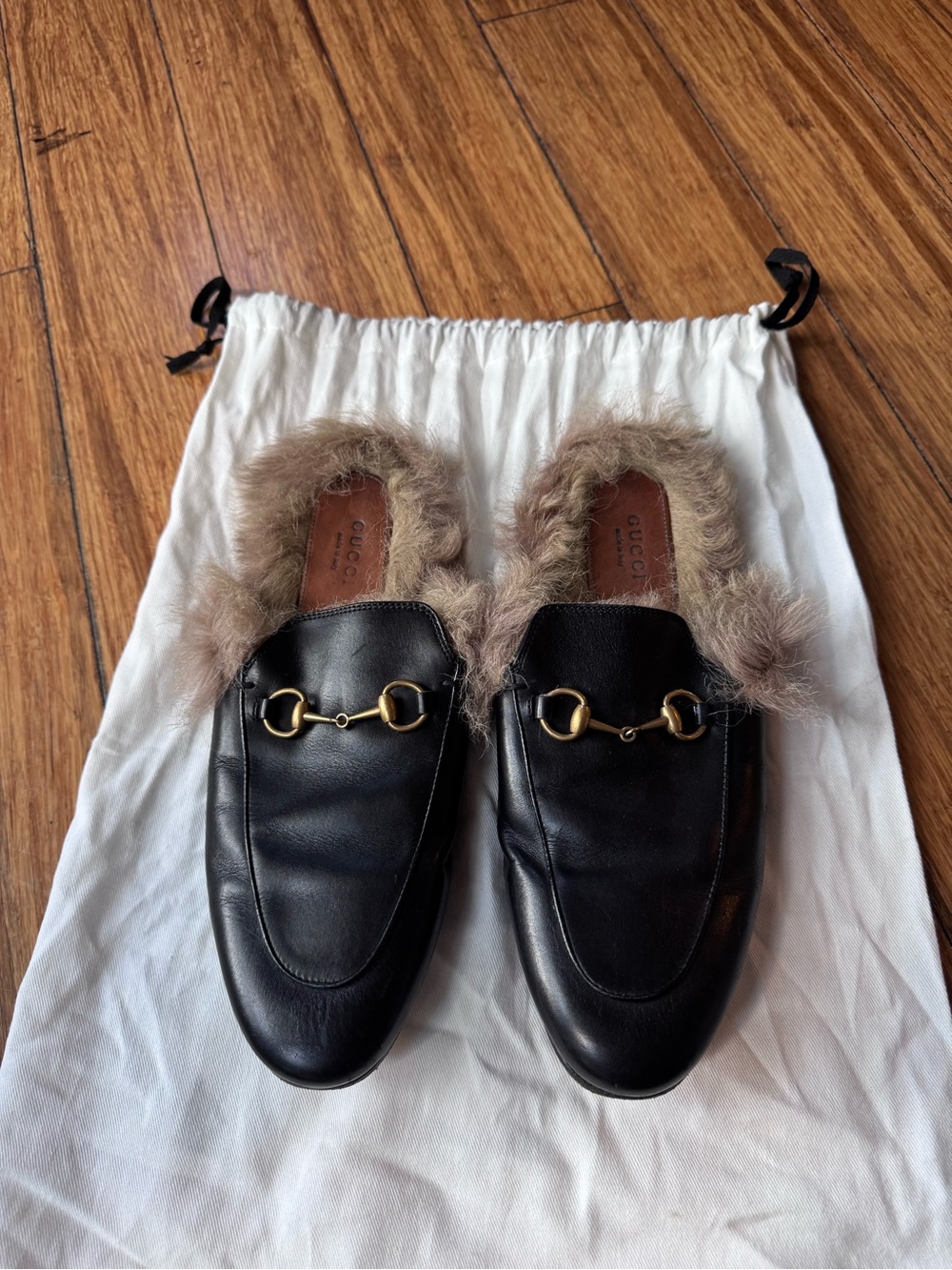 Gucci Black Leather Fur-Lined Horsebit Mules